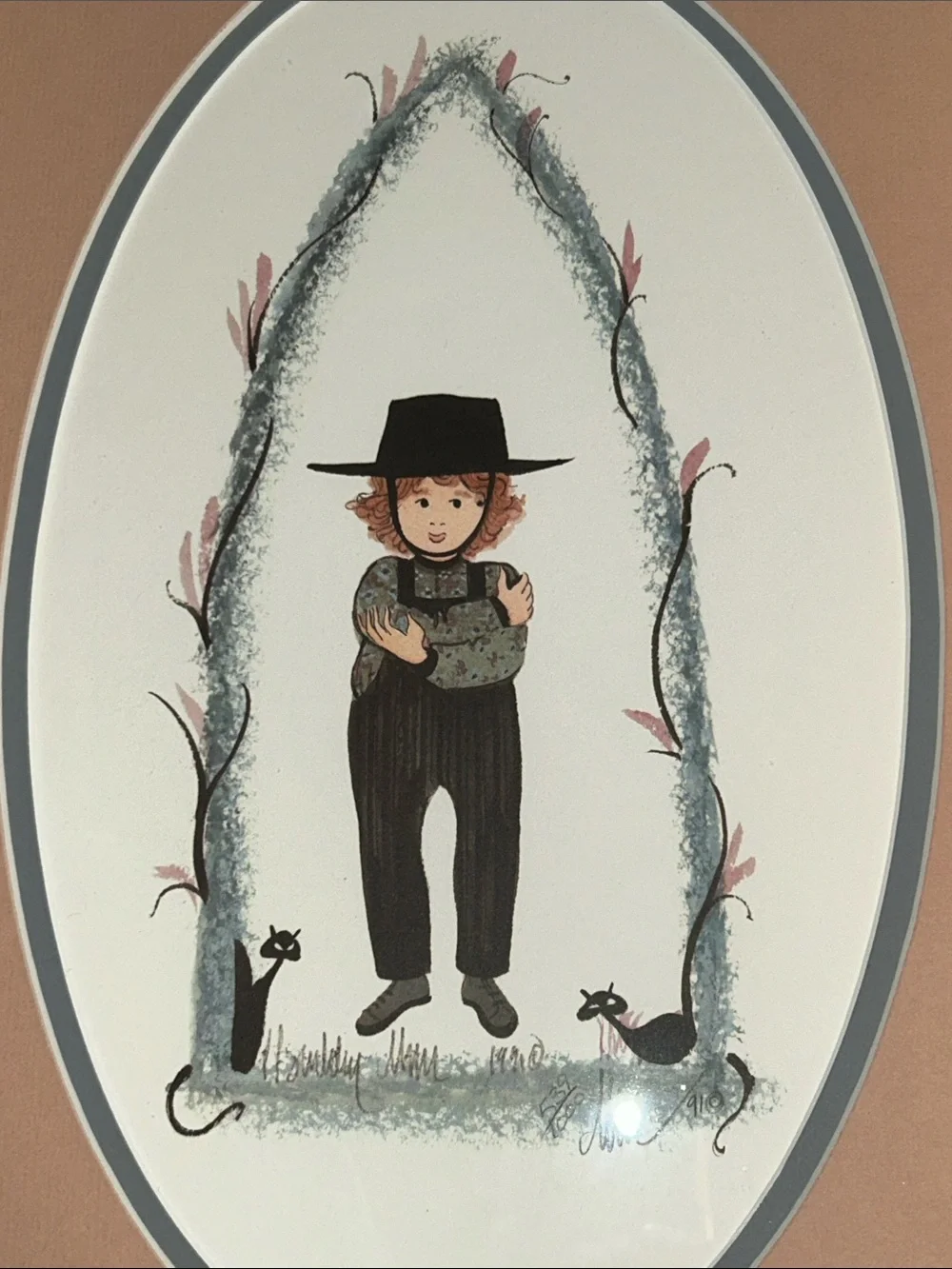 P. Buckley Moss Professionally Framed Amish Boy Adam and Girl with Black Cats